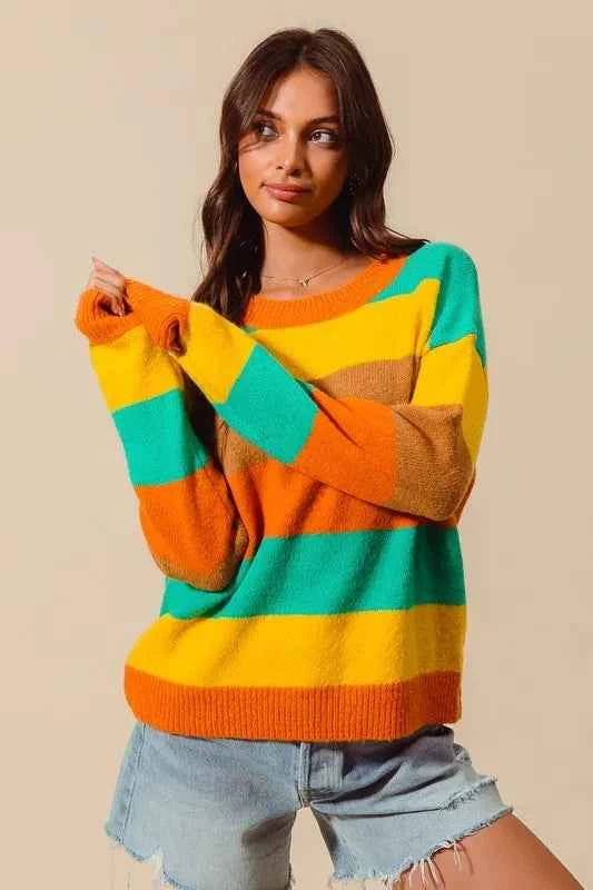 SO ME Multi Color Stripe Sweater with Ribbed Detail 6ce954e8299c4169becfe00741b09eca-Max-Origin