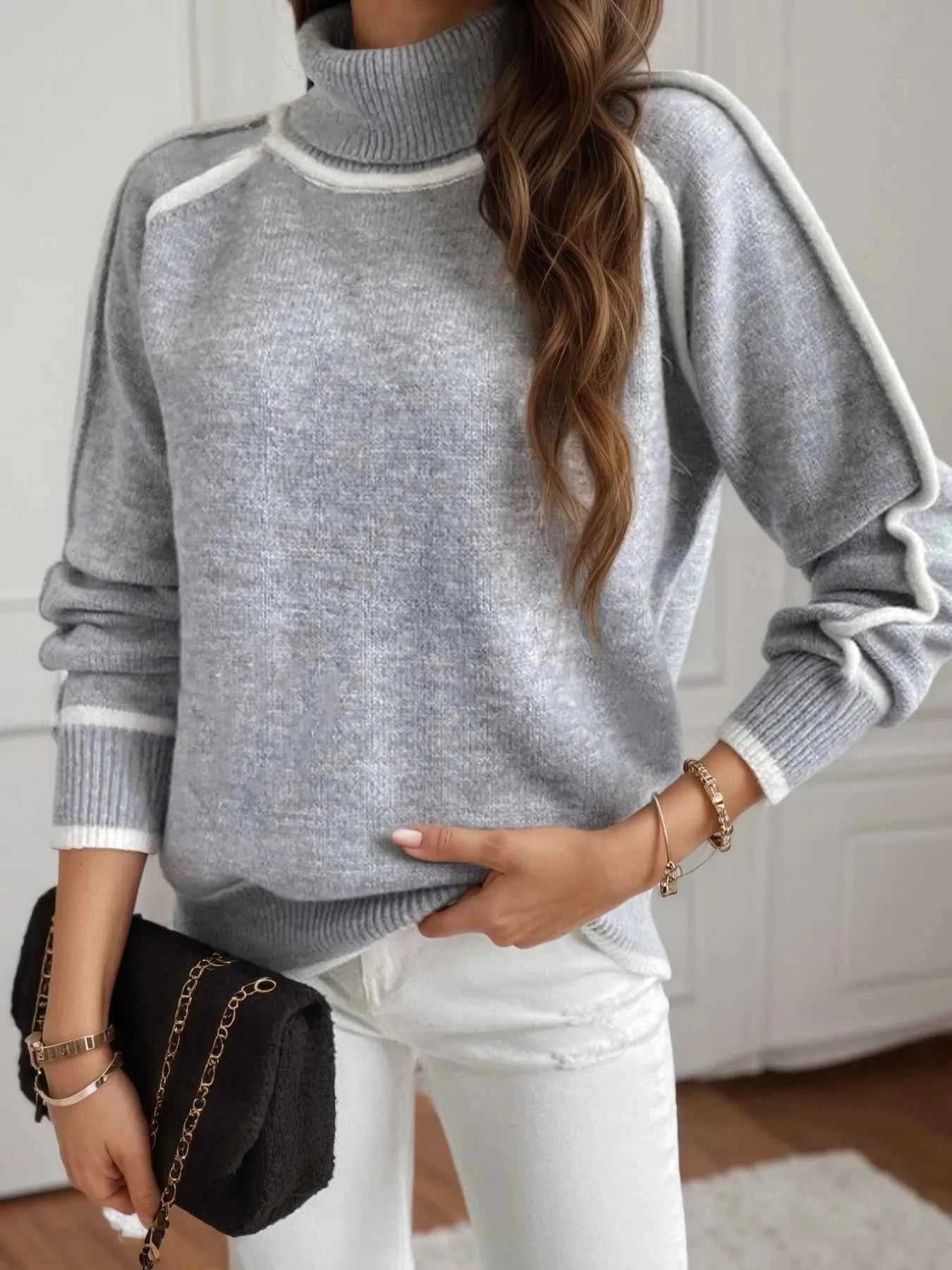 Turtleneck Contrast Trim Sweater with Ribbed Details Gray 6cf3c90654384d419444567be6303234-Max-Origin