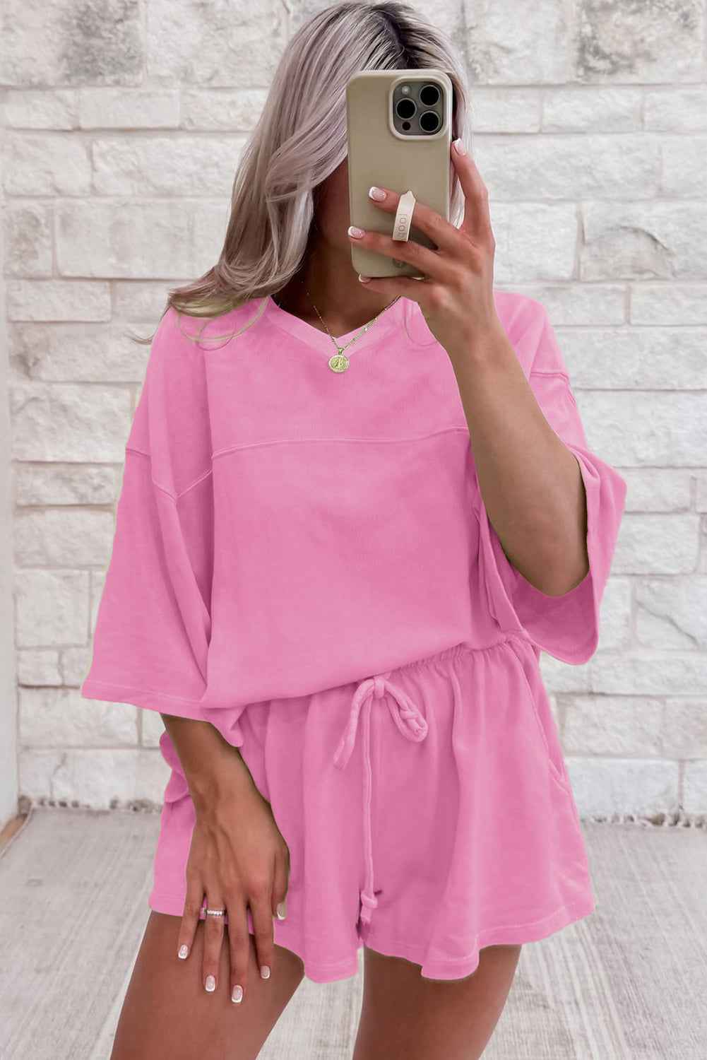 Bonbon Loose V Neck Tee and Drawstring Shorts Set 6cf9312d6f2e8f95