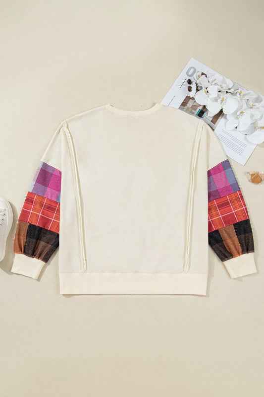 Plus Size Plaid Patchwork Long Sleeve Exposed Seam 6cfadbb6-87a1-4a2b-ada8-1a04f6904c45