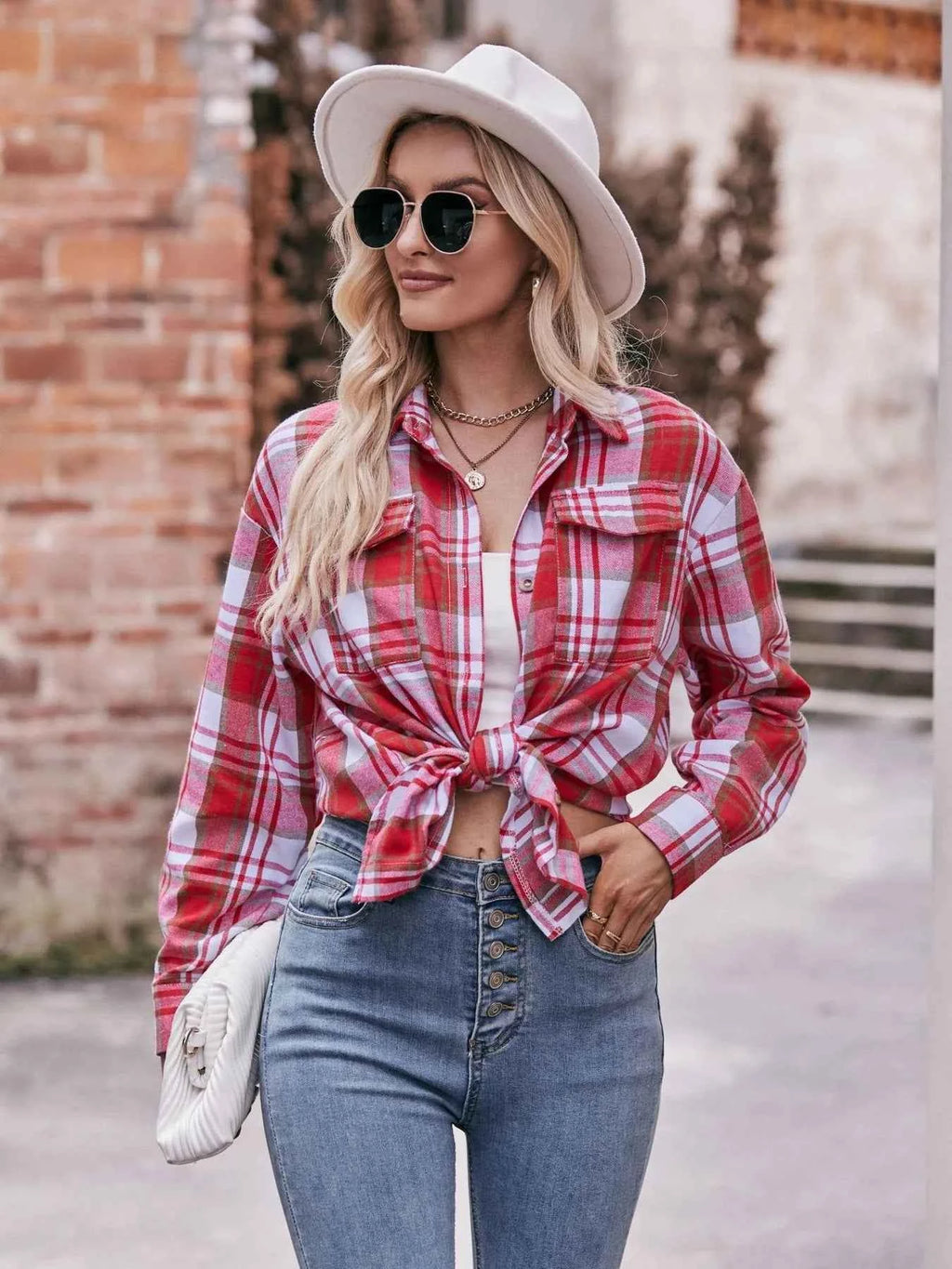 Plaid Button-Down Long Sleeve Shirt Red 6d06b50e7c754cb5ac38f68ccb8fe555-Max-Origin