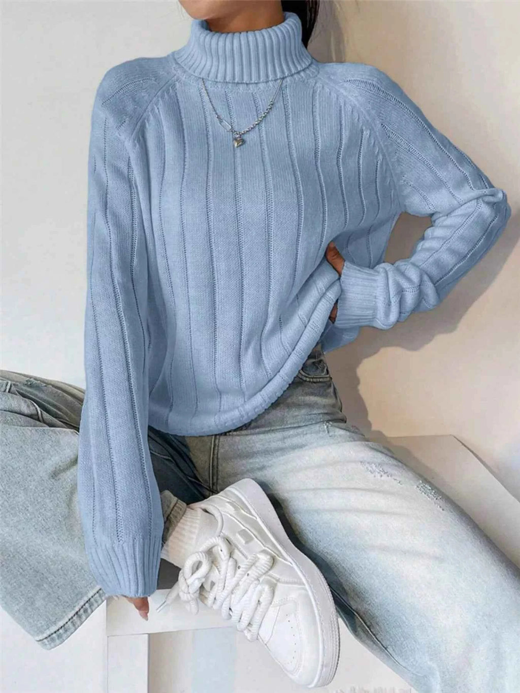 Ribbed Turtleneck Long Sleeve Sweater Light Blue 6d0b0a2fb7f44d46981100fd706473de-Max-Origin