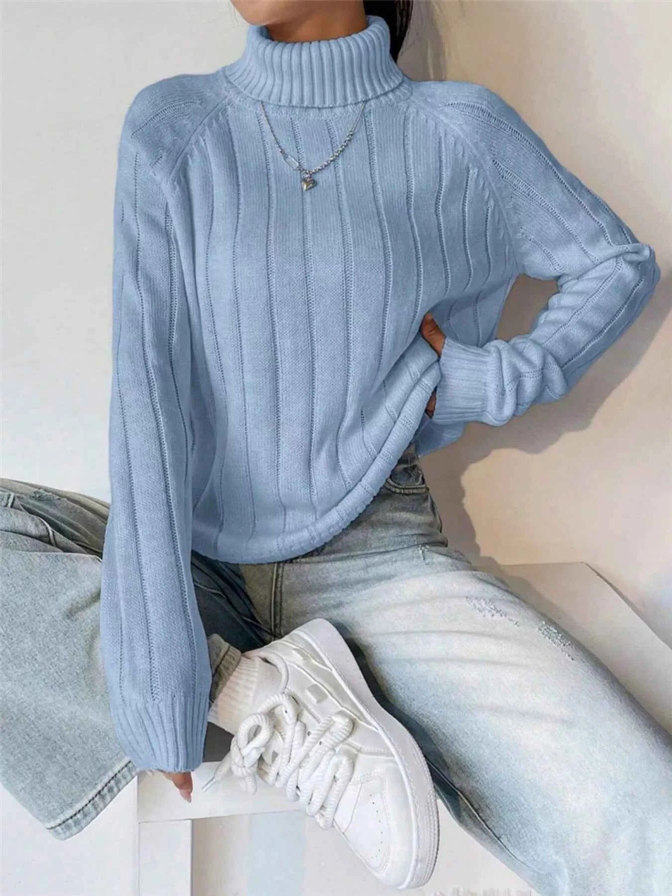 Ribbed Turtleneck Long Sleeve Sweater Light Blue 6d0b0a2fb7f44d46981100fd706473de-Max-Origin