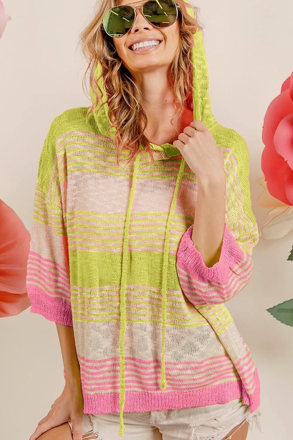 BiBi Short Sleeve Stripe Low Gauge Knit Hoodie N.GREEN N.PINK 6d40dce4-d3e9-46fd-89ca-f3df4aa21ee0-Max-Origin
