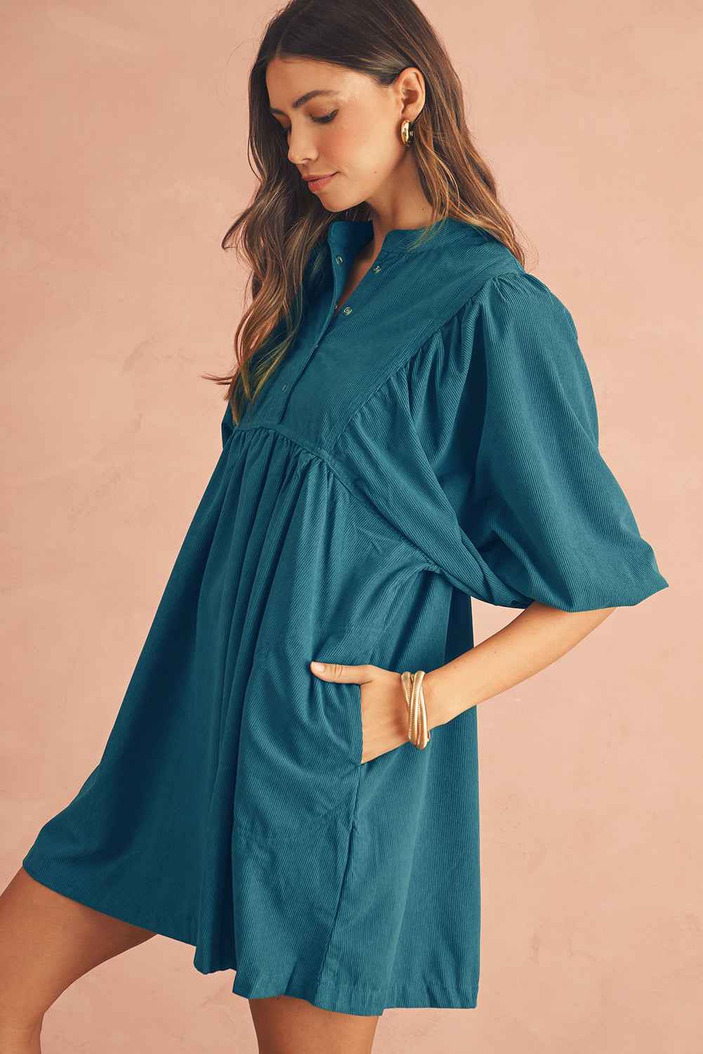 Gold Flame Light Snap Button Empire Waist Lantern Sleeve Corduroy Dress 6d53cb1a979c536f