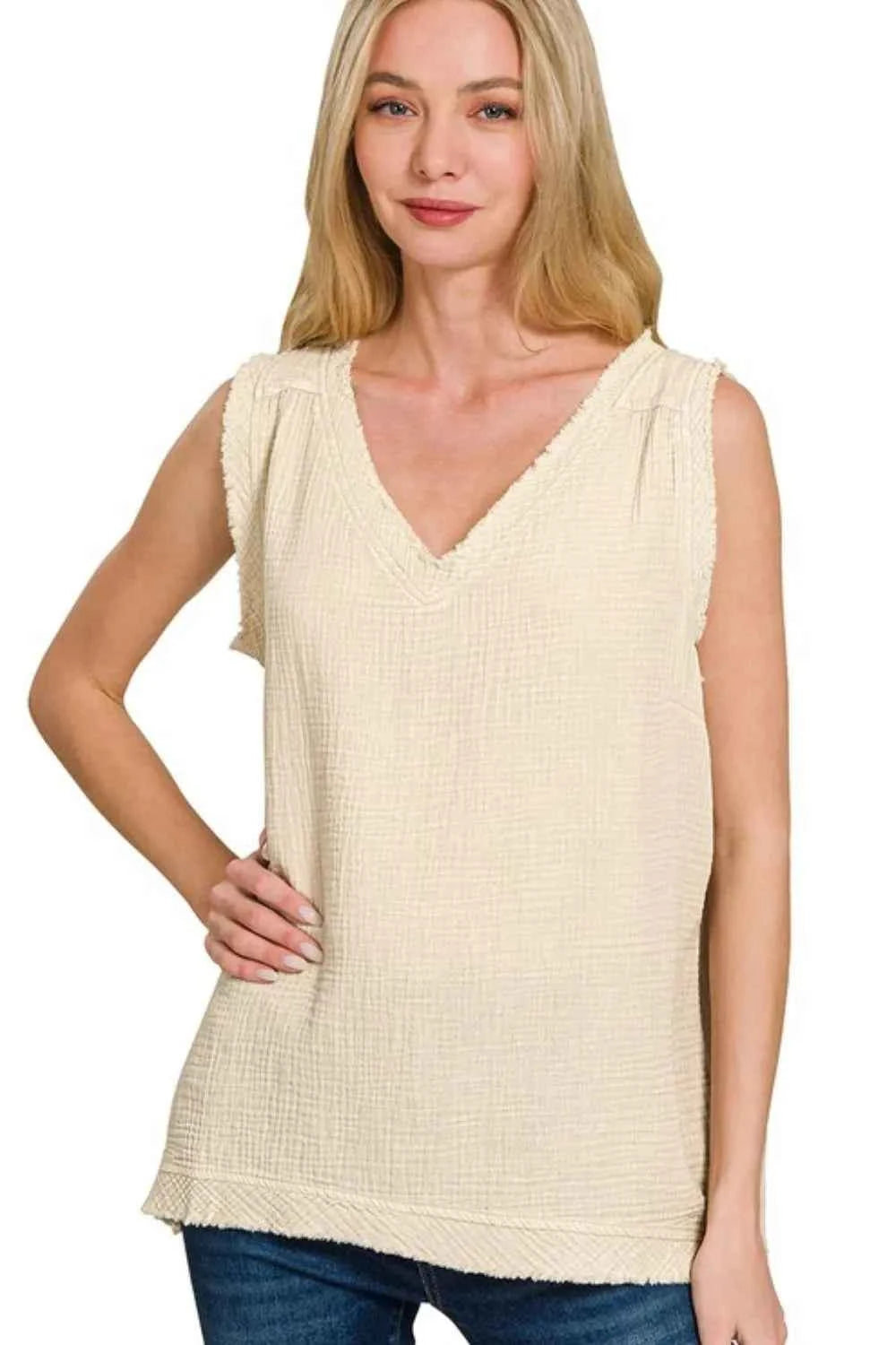Zenana Double Gauze Raw Edge Acid Washed Tank SAND BEIGE 6d557127-c71f-46cf-9cec-c27f53bb0295-Max-Origin