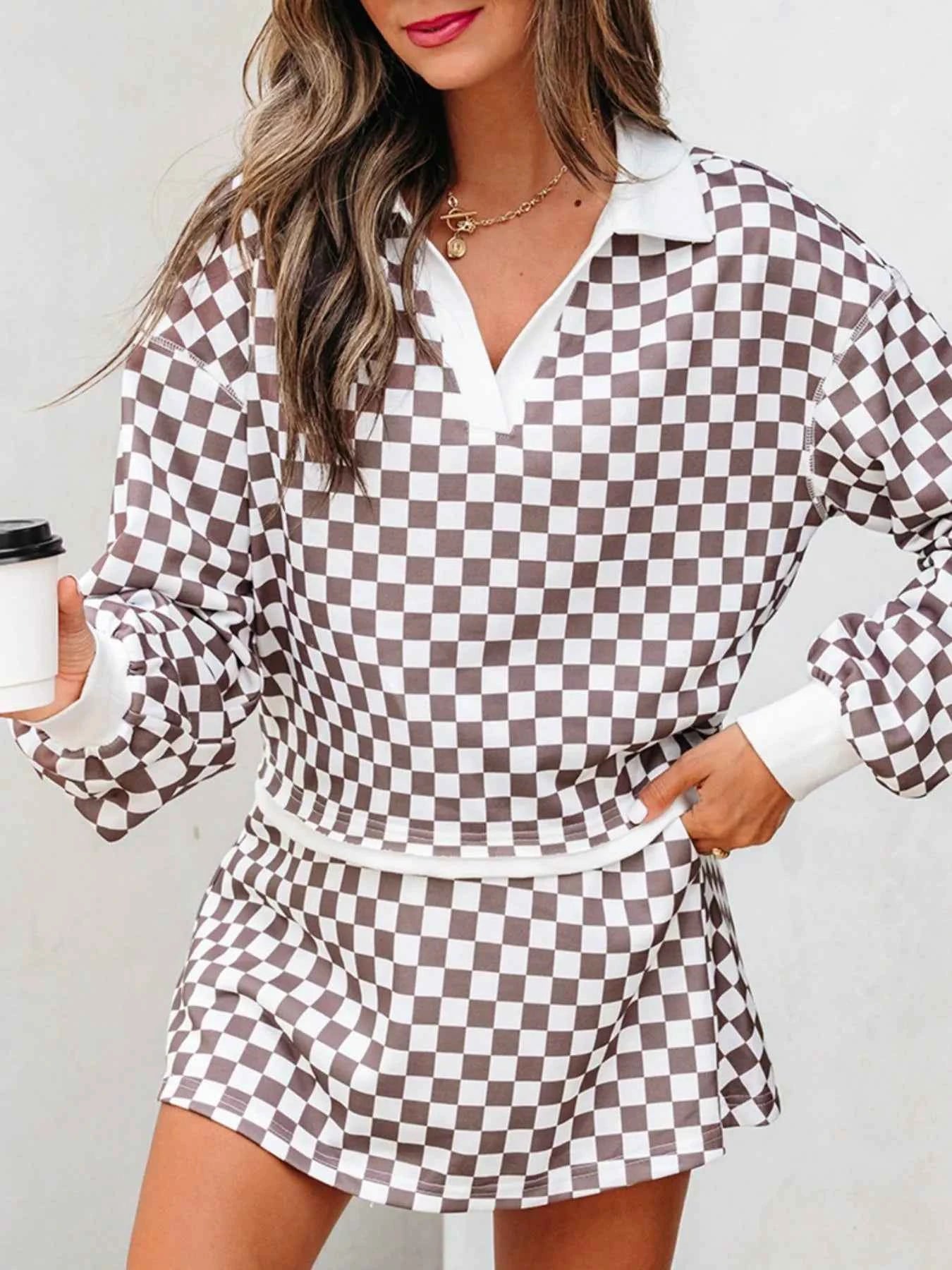 Checkered Print Polo Collar Cropped Long Sleeve Top and Drawstring Mini Skirt Set 6d62c6d9-3657-4410-810a-91b2604c3d84-Max-Origin