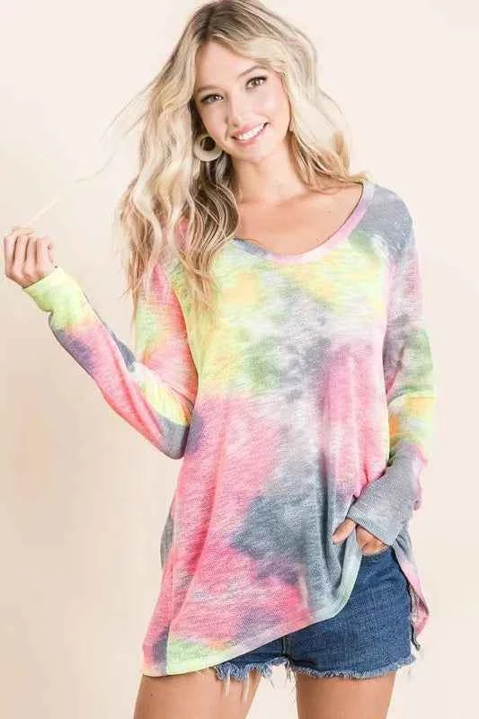 BiBi Tie Dye Print Low Gauge Knit Top NEON PINK GREY 6d6a5597796c43aab2f11dd6e1cfbe2d-Max-Origin