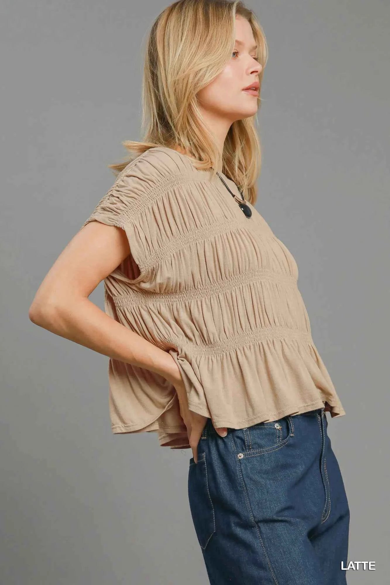 Umgee Short Sleeve Knit Smocked Top 6d7589db-05b4-41ba-b122-7cad91ad6664-Max-Origin