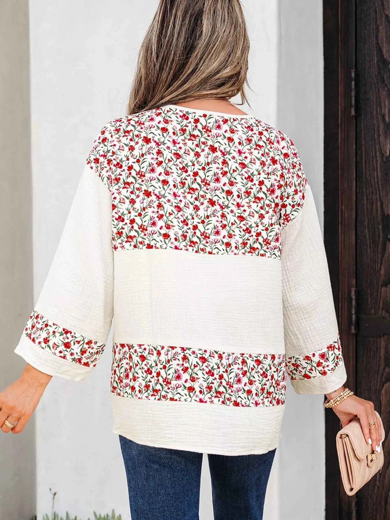 Floral Print Henley Button 3/4 Sleeve Blouse 6d7bb53f-af4d-42be-a81f-423e0c11ec04-Max-Origin