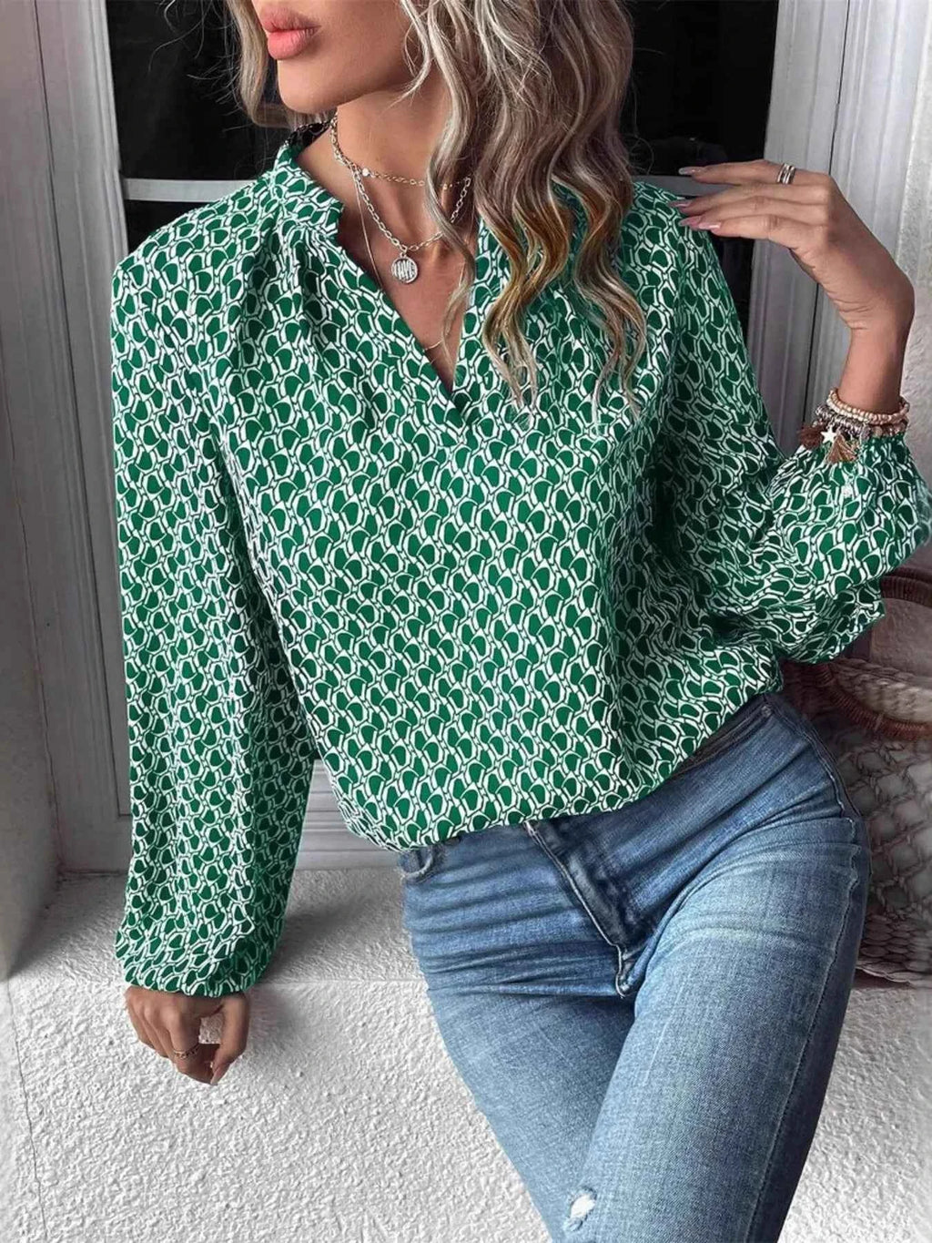 Printed Notched Long Sleeve Blouse 6d8cf20f647542bf808cbaaf08fc5c06-Max-Origin
