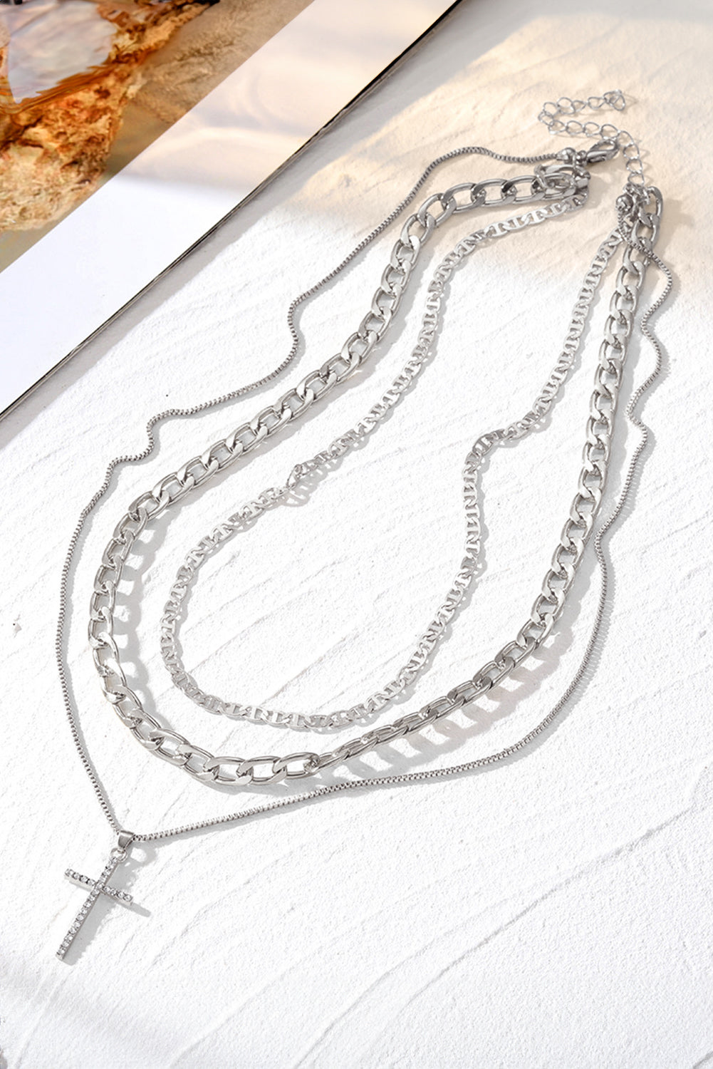Silvery Rhinestone Cross Pendant Multi Layer Stacked Chain Necklace 6dabe599afd085fa