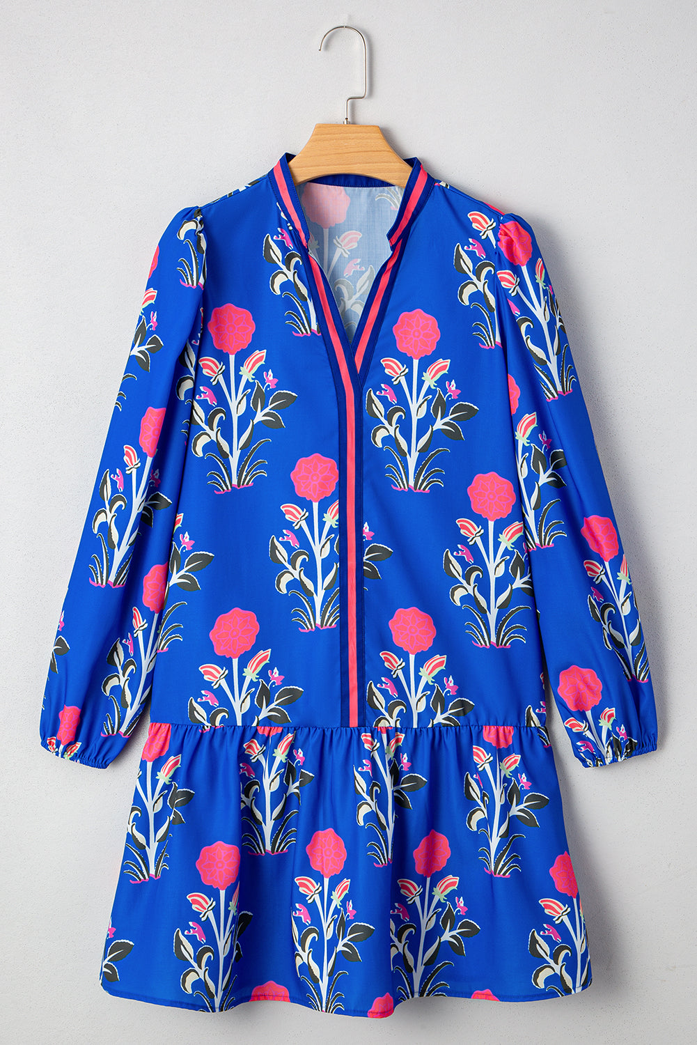 Sky Blue Floral Print Pop of Color V Neck Mini Dress 6dadfd72501072b5