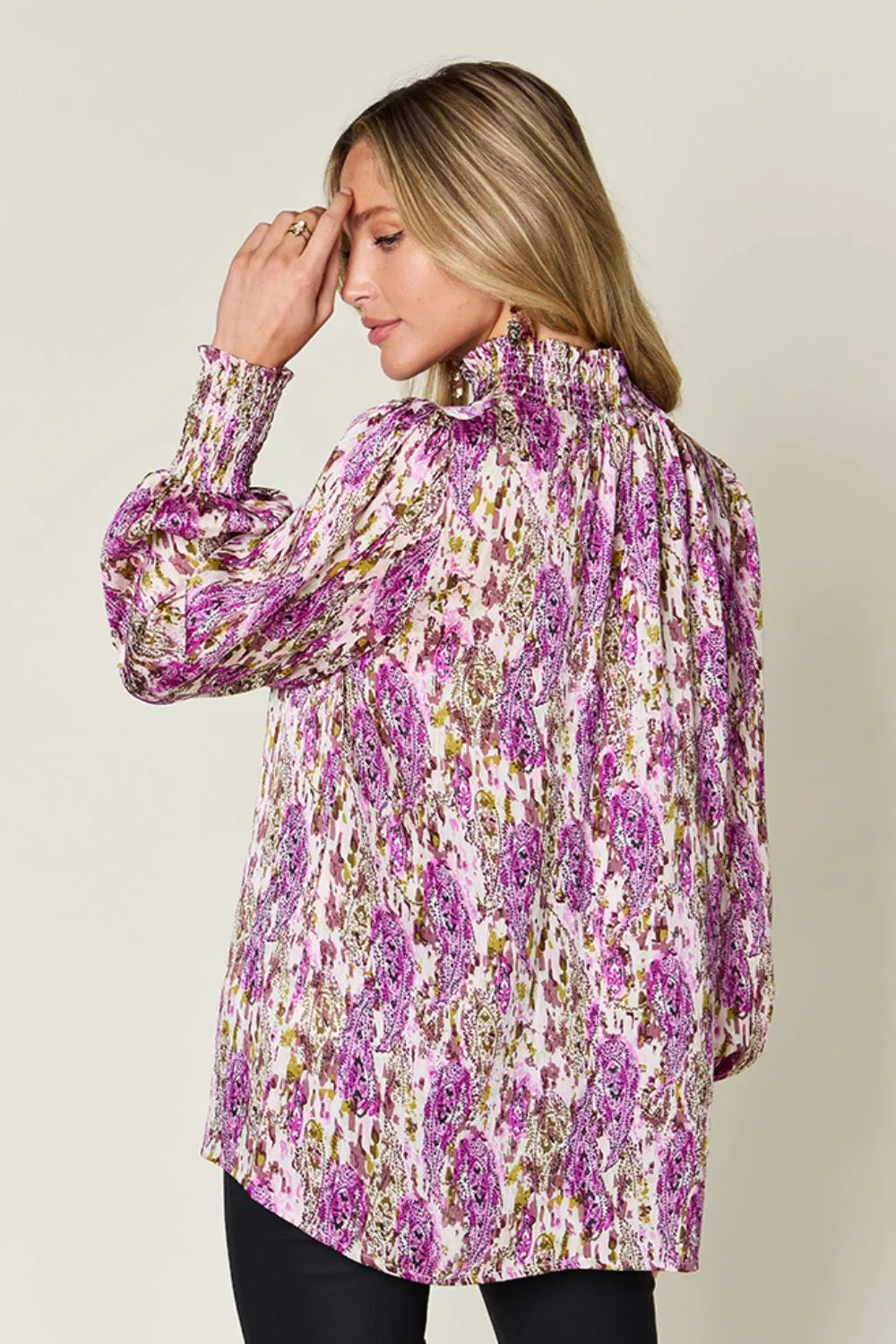 Double Take Full Size Printed Smocked Long Sleeve Blouse 6dd531f7-9473-411c-a885-f605232a7237-Max