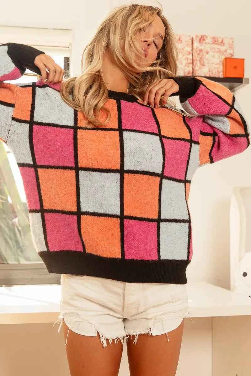 BiBi Multi Color Checker Pattern Sweater 6dd6698138cf4851b16571ea112db3b3-Max-Origin