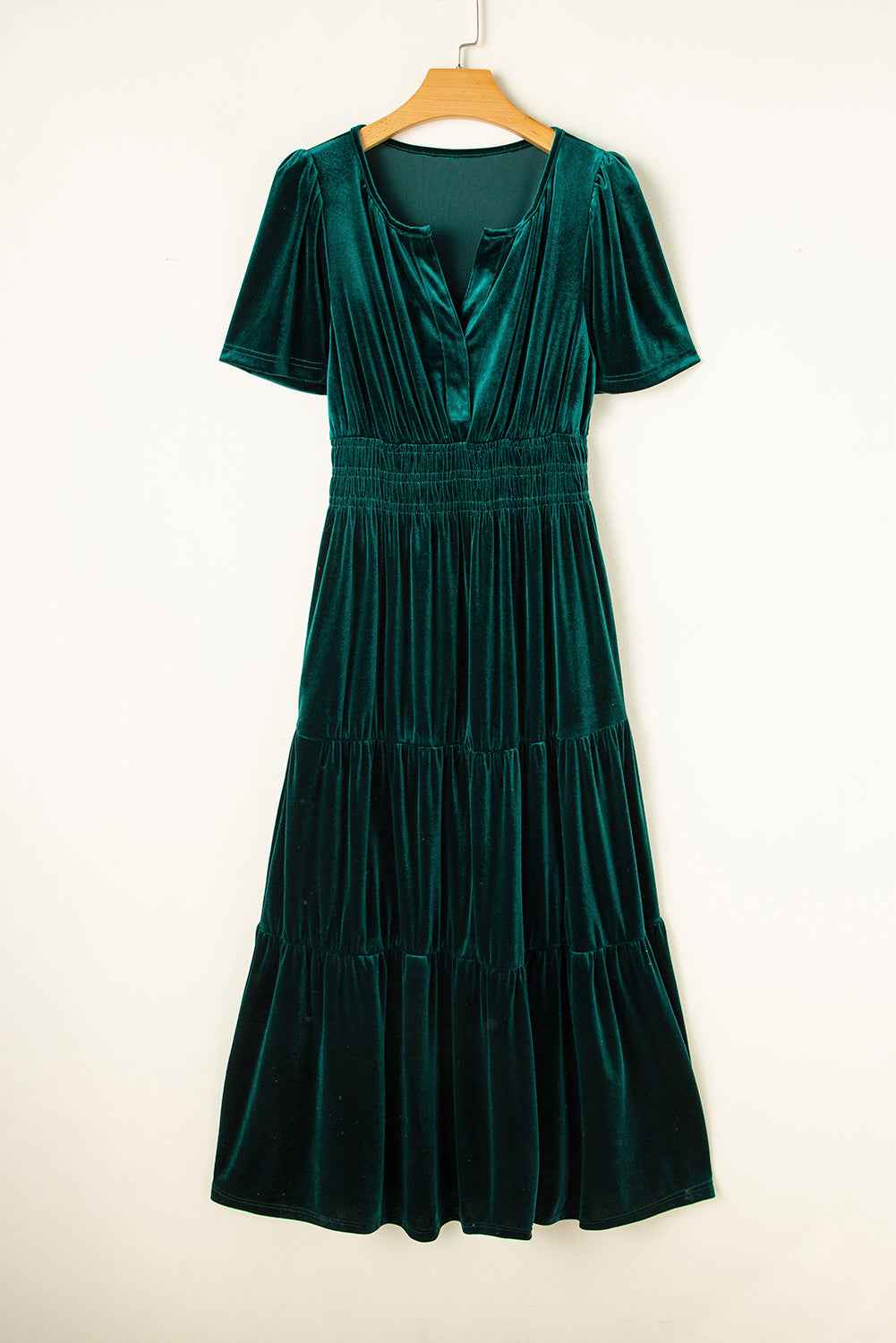 Prussian Blue Velvet Short Sleeve Shirred Waist Tiered Maxi Dress 6ddb64a160795cfd