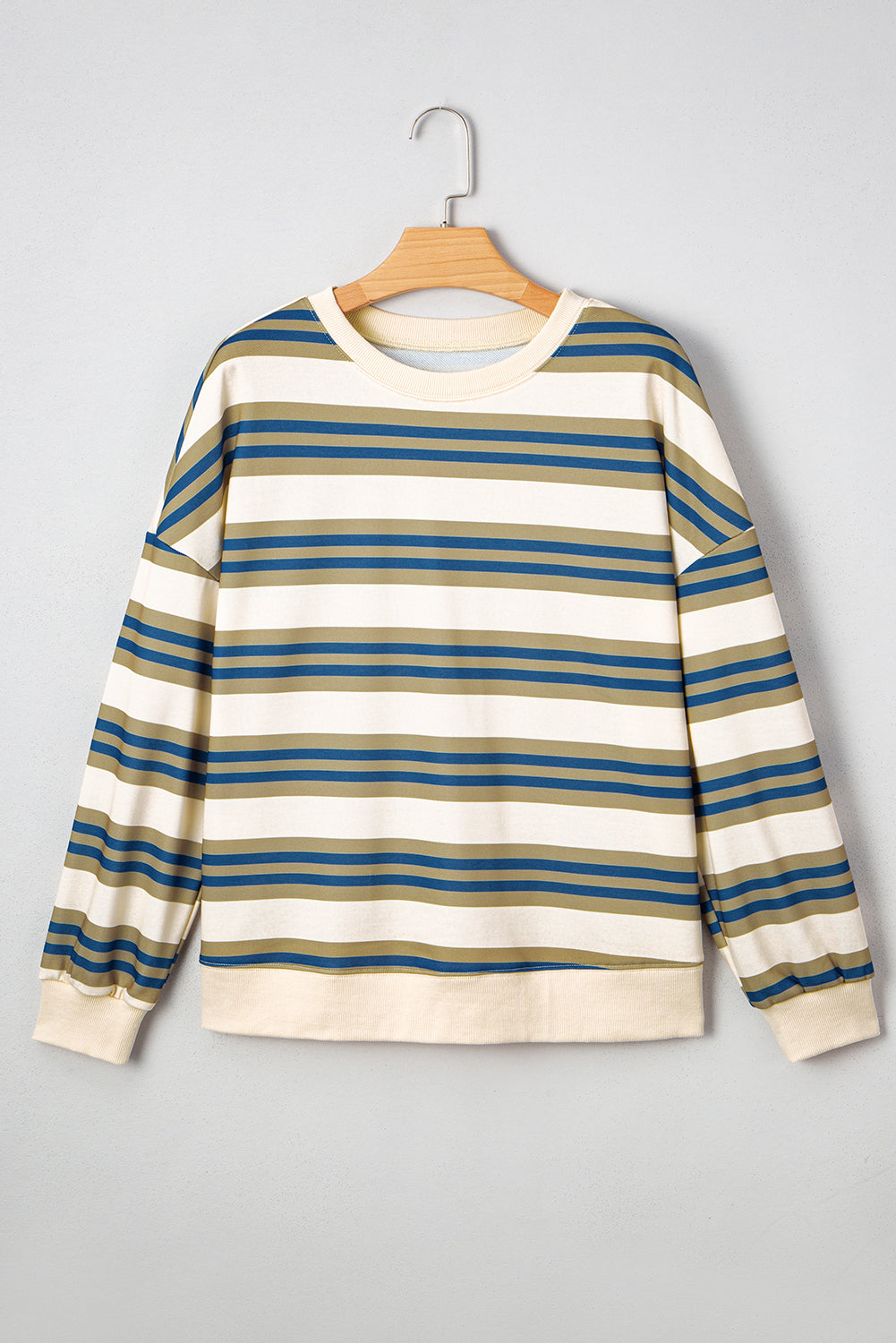 Khaki Striped Crew Neck Drop Shoulder Pullover Sweatshirt 6dde88814a642c09