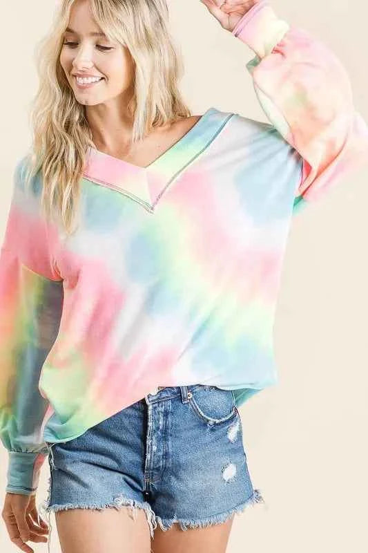 BiBi Tie Dye French Terry V-Neck Top with Puff Sleeves PINK MULTI 6dec4384c0884d7b9ca4a6dd6e7a3c44-Max-Origin