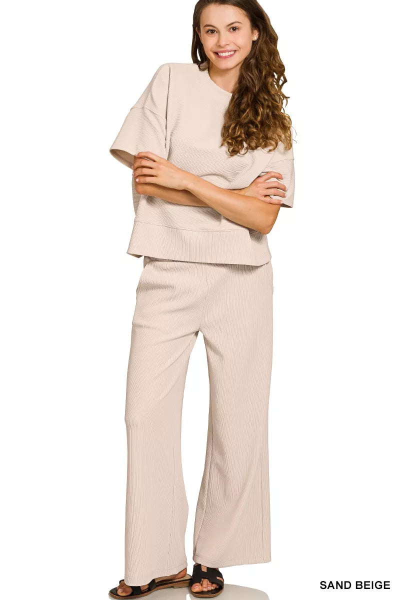 Zenana Ribbed Round Neck Tee & Pants Set SAND BEIGE 6def3a37dad44b9a96eabb1752cf8747-Max-Origin