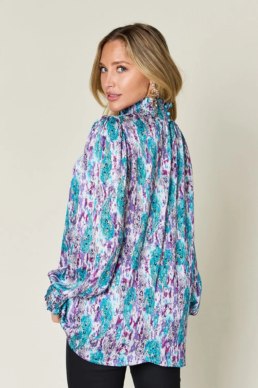 Double Take Full Size Printed Smocked Long Sleeve Blouse 6df2ef91-b34a-4c49-a056-ba0481f8a47f-Max