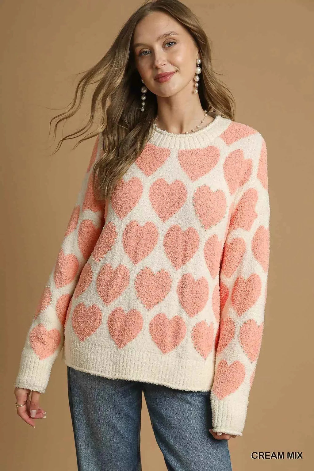 Umgee Mix Heart Pattern Pearl Accent Sweater CREAM MIX 6df54610-ac05-4723-b88b-9fecfd12030c-Max-Origin