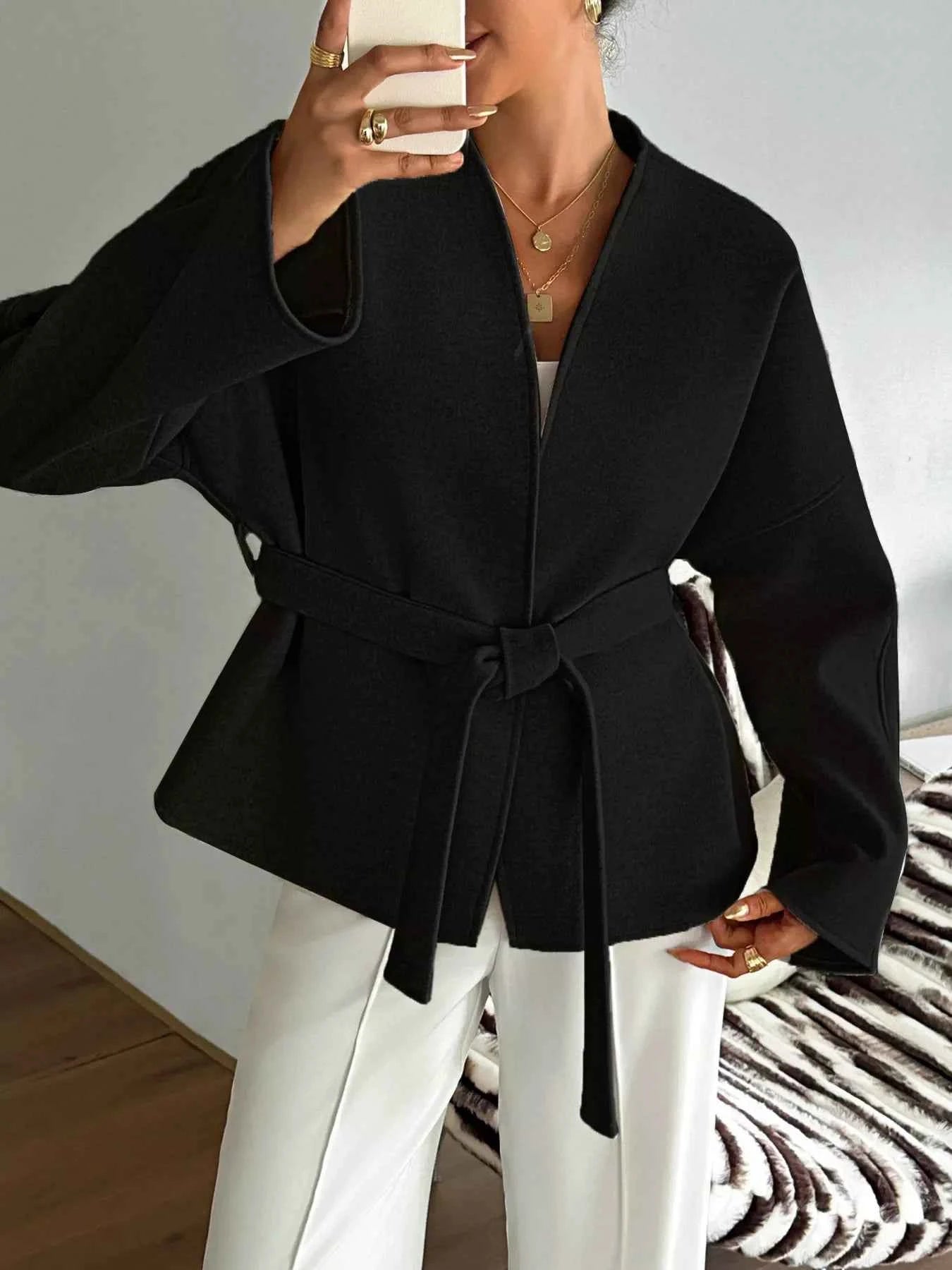 Surplice Dropped Shoulder Tie Belt Outerwear Black 6e00e5466b934337bd79d4c606d31996-Max-Origin