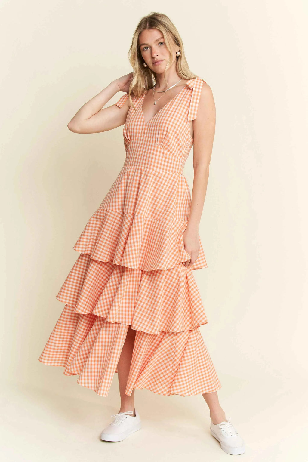 Jade By Jane Sleeveless Gingham Print Tiered Midi Dress ORANGE 6e1fc30c98184d64abb1f445659925d6-Max-Origin