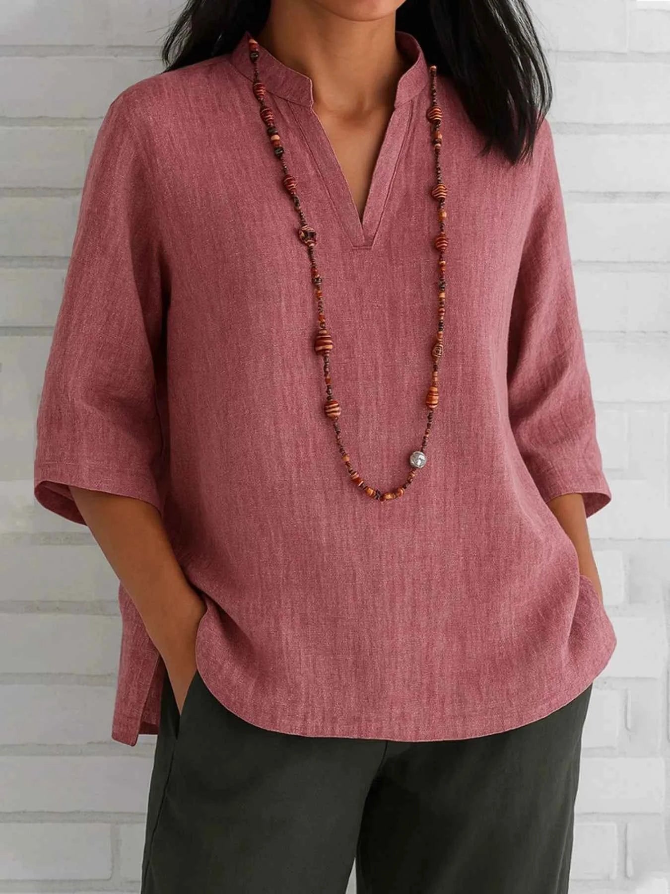 Full Size Notched Three-Quarter Sleeves Blouse Plus Size Dusty Pink 6e255fb8-c769-4b58-b92c-810d2fb81e0e-Max-Origin