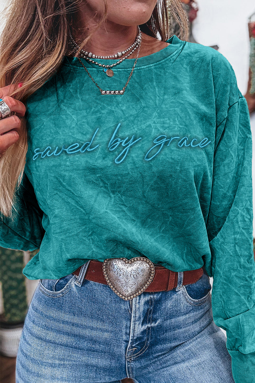 Sea Green saved by grace Letter Embroidery Mineral Wash Loose Sweatshirt 6e2bced08e77303a
