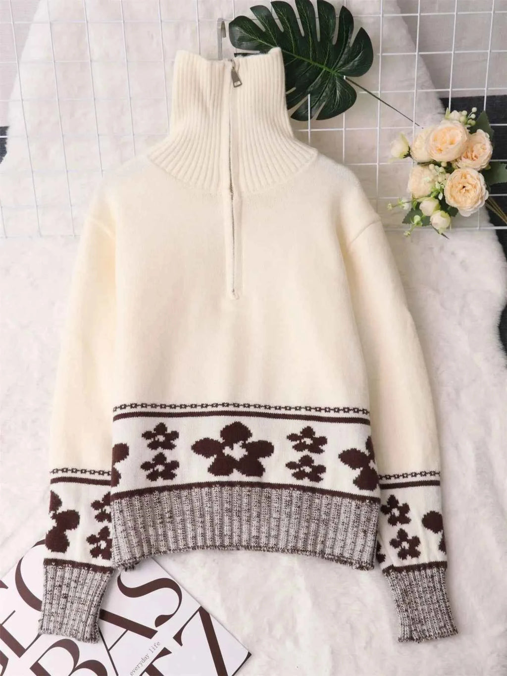Flower Zip Collar Long Sleeve Sweater 6e445a8b7a984b91b8b6d186bd1c4c04-Max-Origin