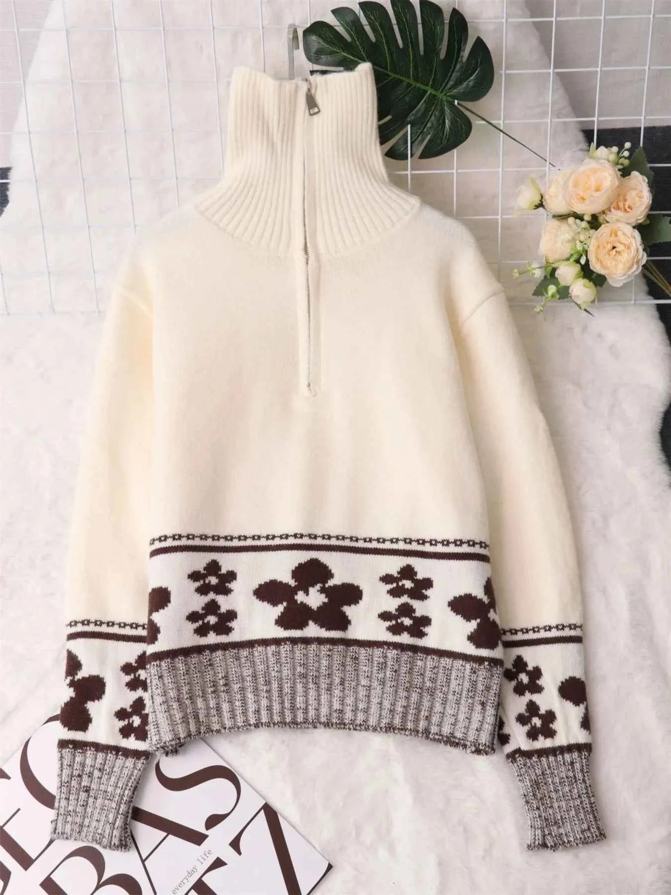 Flower Zip Collar Long Sleeve Sweater 6e445a8b7a984b91b8b6d186bd1c4c04-Max-Origin