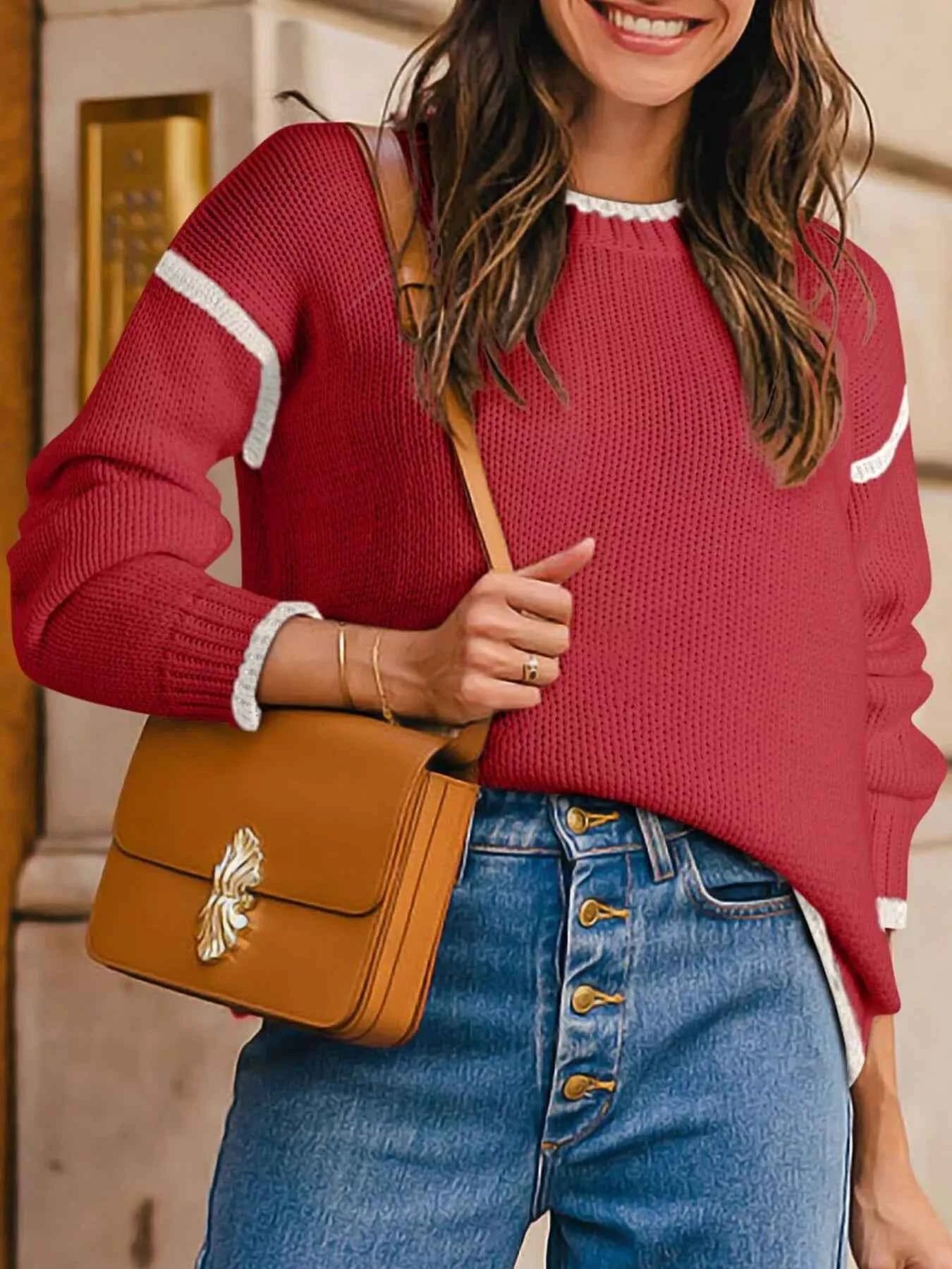 Contrast Trim Long Sleeve Sweater Red 6e45f18457ff4b5da96d5a12d88b8280-Max-Origin