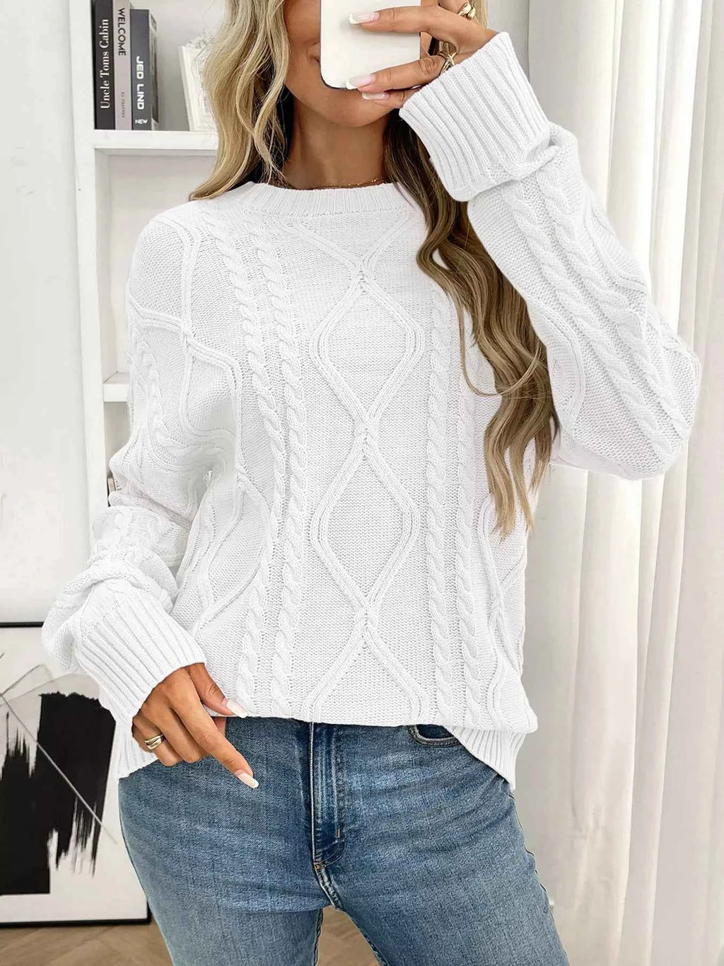 Cable Knit Round Neck Long Sleeve Sweater 6e4624238fbf474dac23b0994771527e-Max-Origin