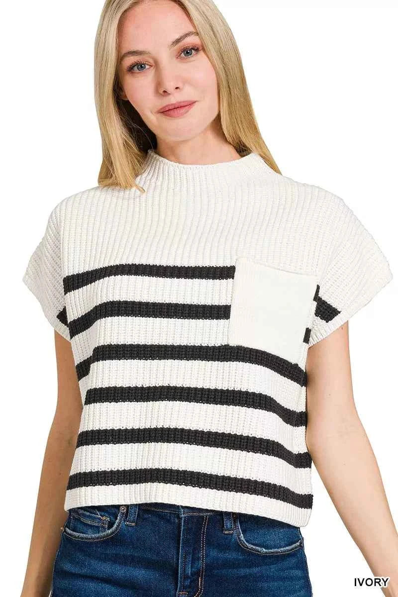 Zenana Short Sleeve Stripe Sweater IVORY 6e5e826ea6a546338ab2f67fa850ea84-Max-Origin