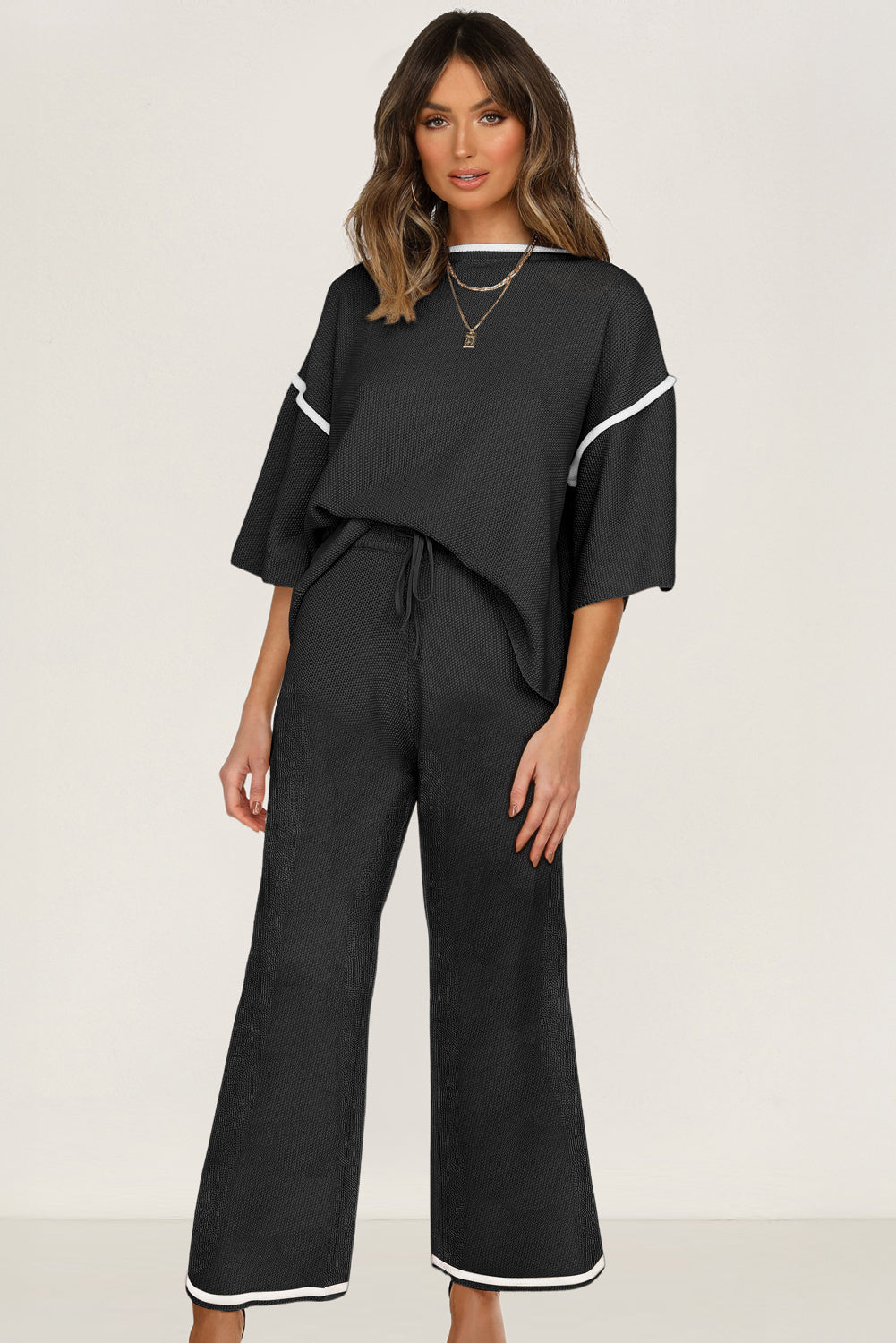Black Loose Contrast Trim Half Sleeve Top and Drawstring Pants Set 6e5edf61cffa56e2