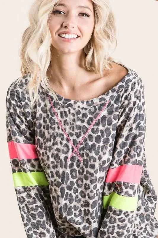 BiBi Leopard Thermal Top with Contrast Color Block 6e6501ad41d04012b6109868e68b986d-Max-Origin