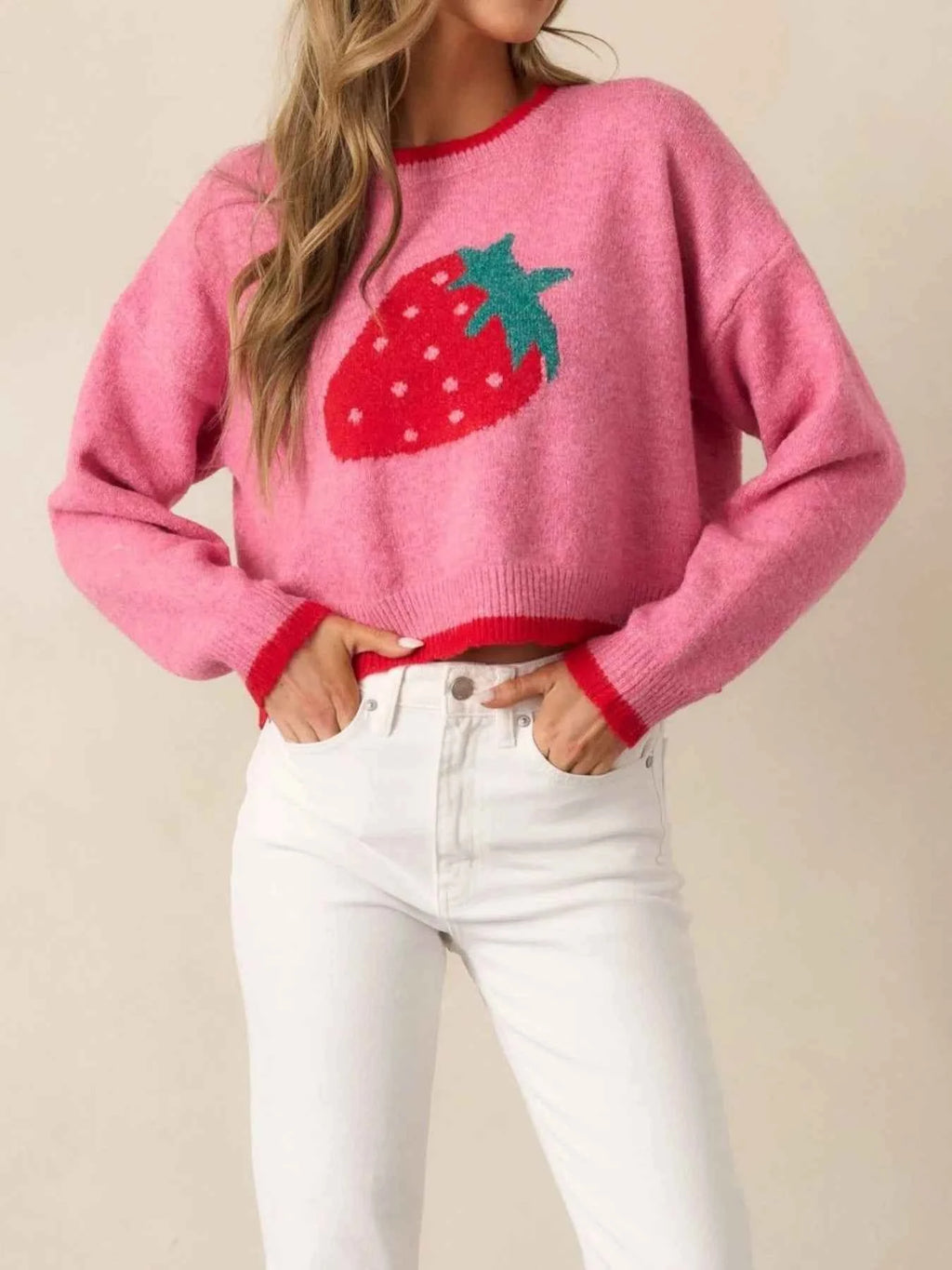Strawberry Round Neck Long Sleeve Sweater 6e6f285c-8540-4e36-a5d1-9f754c333603-Max-Origin