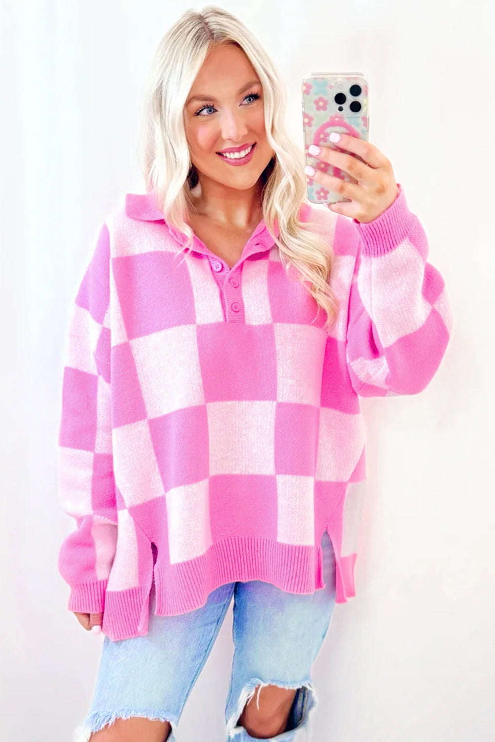 Pink Checkered Button Collared Sweater 6e814a7e24a4da3f
