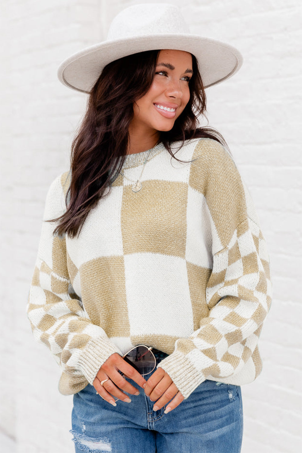 Flaxen Plaid Knitted Drop Shoulder Sweater 6e8f3a7635b84c22