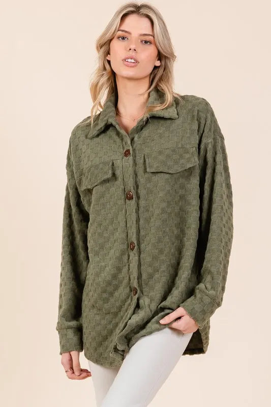 BOMBOM Checkered Button Down Dropped Shoulder Shacket Moss 6e937598-d062-44da-a3ec-a3716c994503-Max
