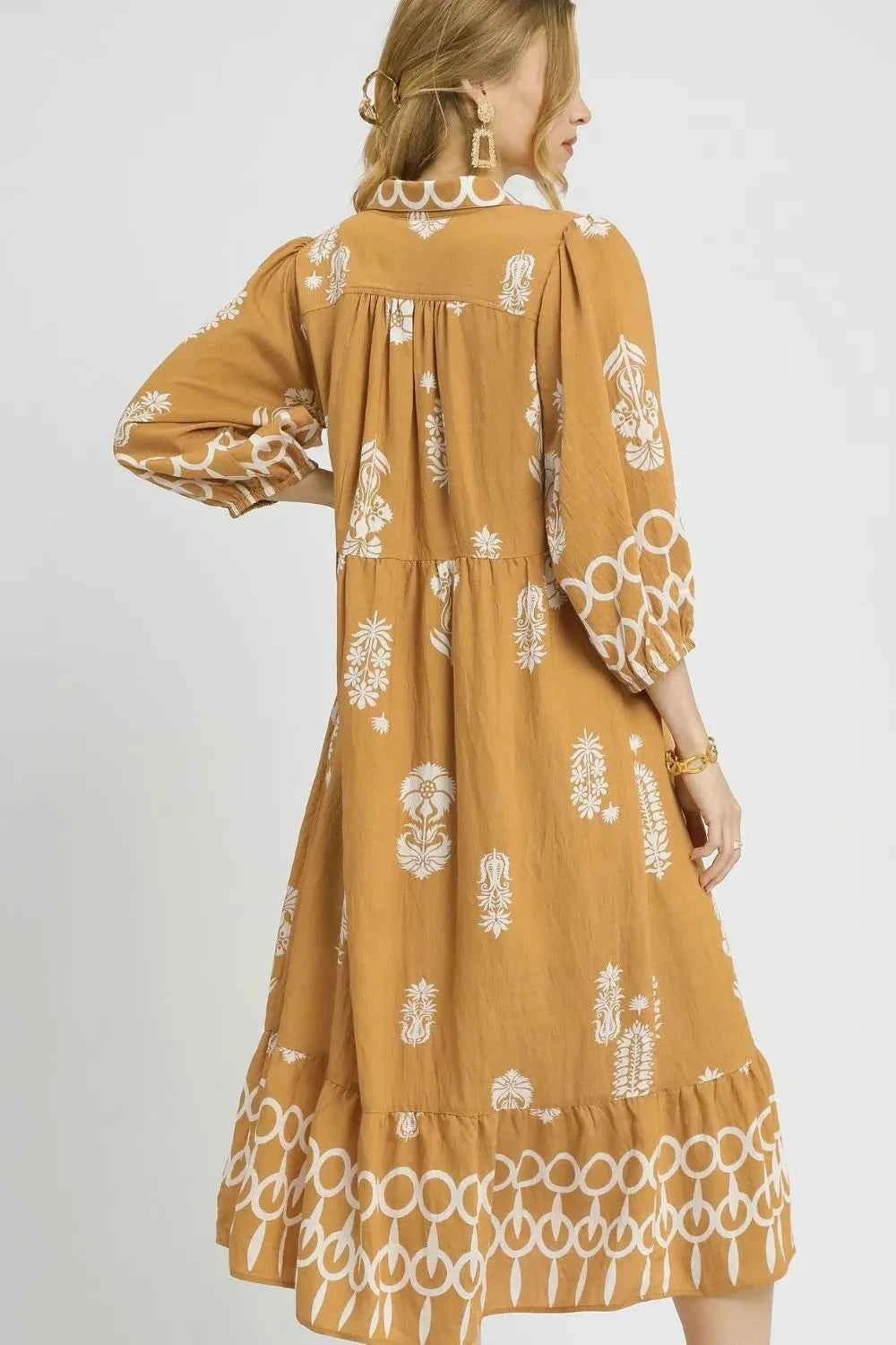 Umgee Ruffled Hem Printed Johnny Collar Midi Dress 6e93e5d4-36e1-4c56-9109-03313c1bc3e9-Max-Origin