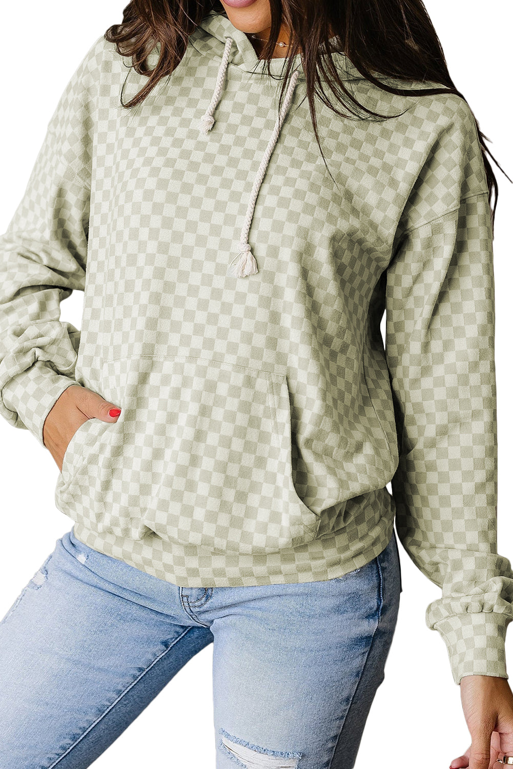 Green Checkered Kangaroo Pocket Hoodie Green 90%Polyester+10%Elastane 6e993e1f73bd406f