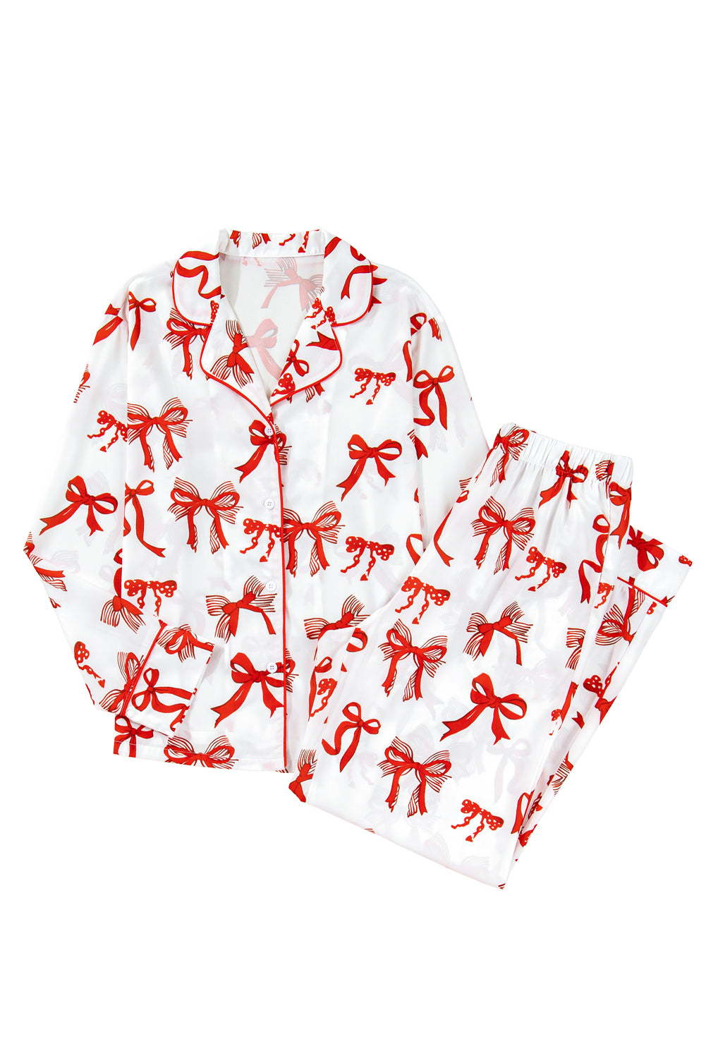 Red Christmas Bow Print Long Sleeve 2pcs Pajama Set 6ea6d479a30315c0