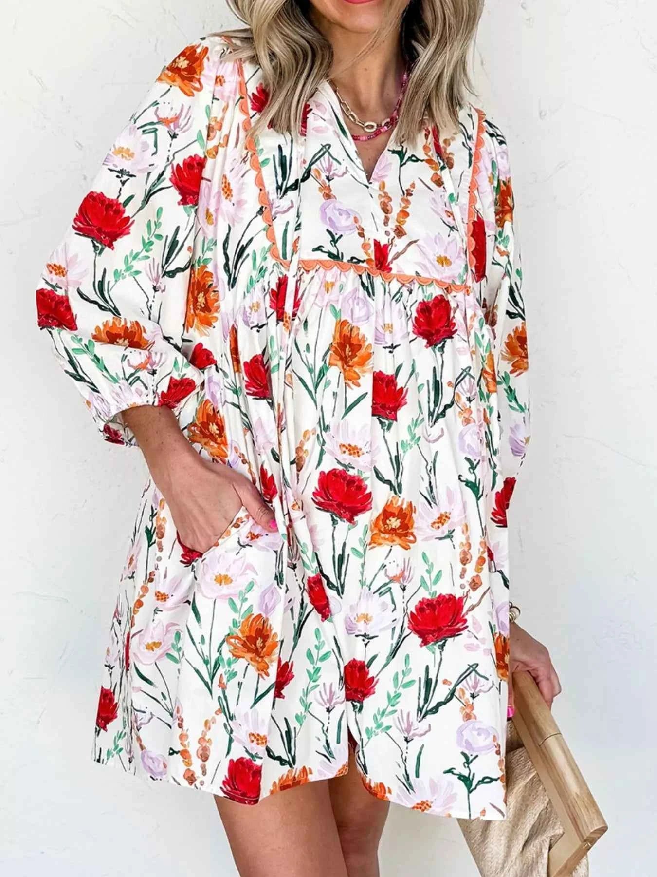 Floral Print 3/4 Sleeve Mini Dress 6eb02cc6-d7be-4228-9c91-209bda2b060d-Max-Origin