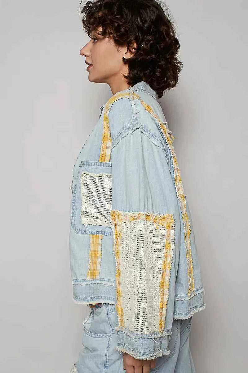 POL Raw Hem Zip Up Denim Jacket with Plaid and Crochet Patch 6eba5056-847d-4f5b-bcf3-36ab8ced8f36-Max-Origin