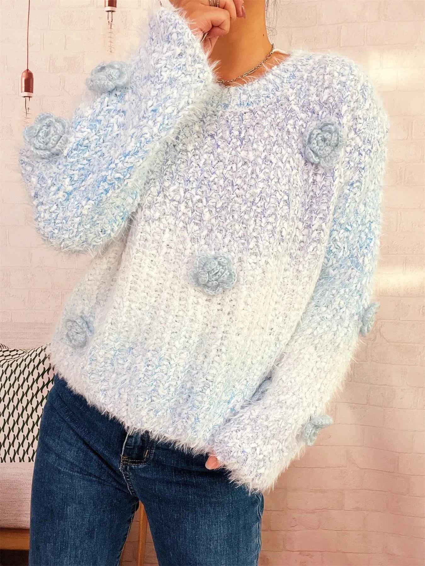Flower Embellished Round Neck Sweater 6ecacef148e44d14948c6388428fd9df-Max-Origin