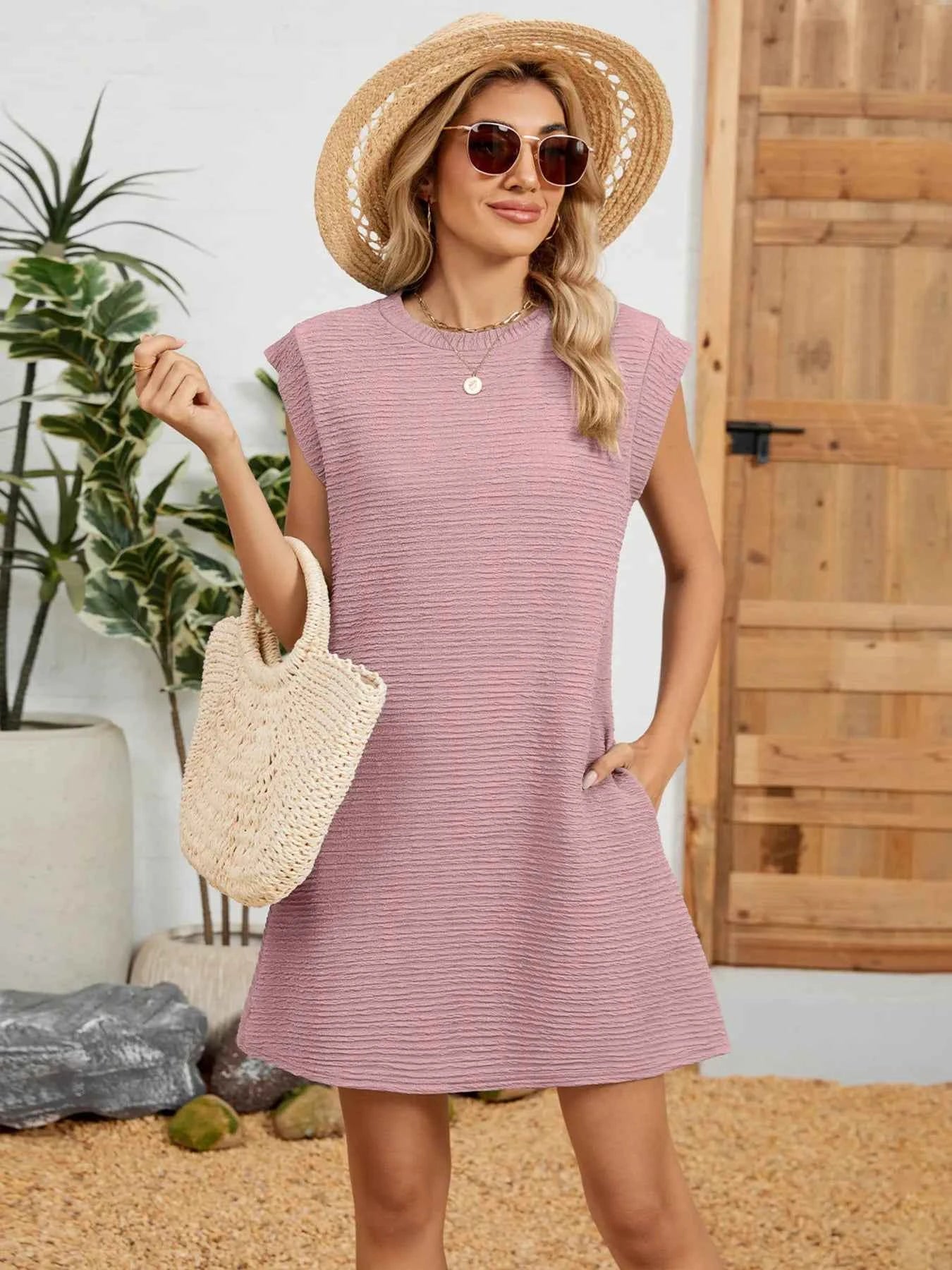 Round Neck Cap Sleeve Mini Dress Pink 6ecb03ced191418795d7980039028876-Max-Origin