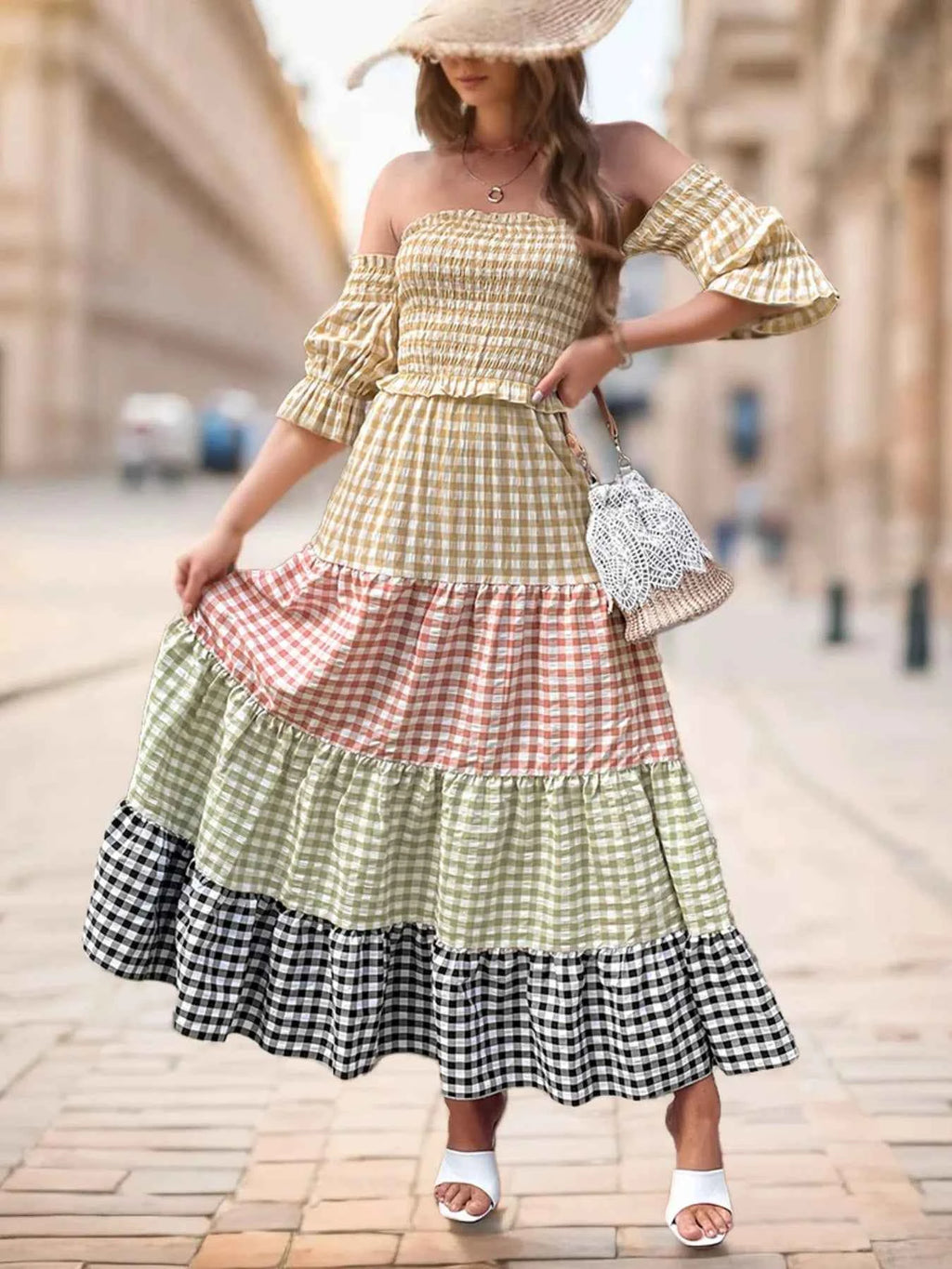 Color Block Plaid Off-Shoulder Maxi Dress Plaid 6ee35a7df8b447ef8a9d629d180ce1d2-Max-Origin