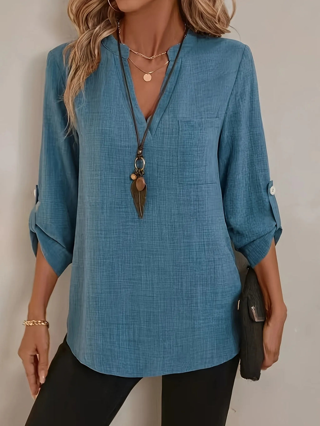 Notched Roll-Tab Sleeves Blouse 6eef6cbc05cb4a71ac989dee76a8fee5-Max-Origin