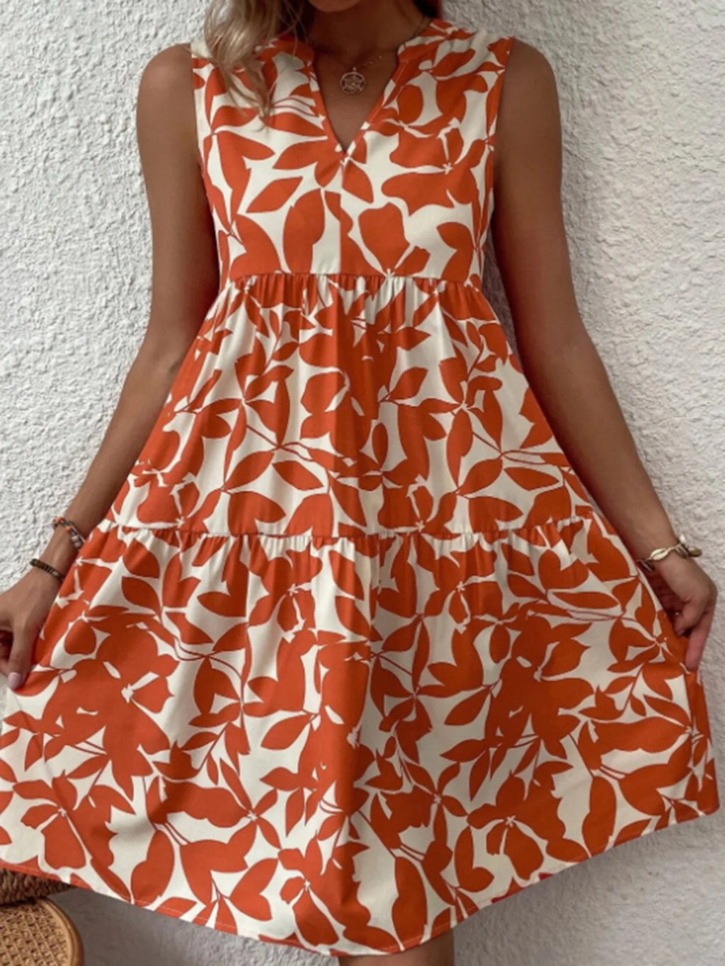 Printed V-Neck Sleeveless Mini Dress Orange 6ef897cde20e464ca23bb5991046eb32-Max-Origin